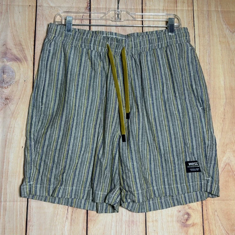 WESC Striped Linen Blend Shorts Trunk Men L Blue Grey Elastic Waist Coastal Gorp